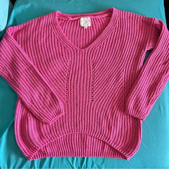 Hippie Rose Bright Hot Pink Knit V-Neck Sweater - Picture 8 of 8